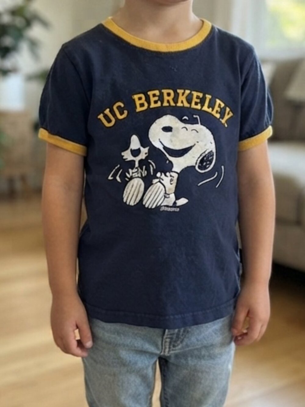 UC Berkeley Navy & Gold Kids Ringer T‑Shirt with Snoopy Graphic Small